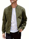 Man wearing a khaki suede casual zipper jacket with a regular fit.