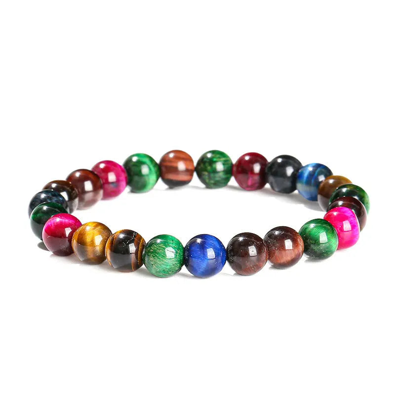 Colourful tiger-eye stone bead bracelet for women with round beads on a mixed string.