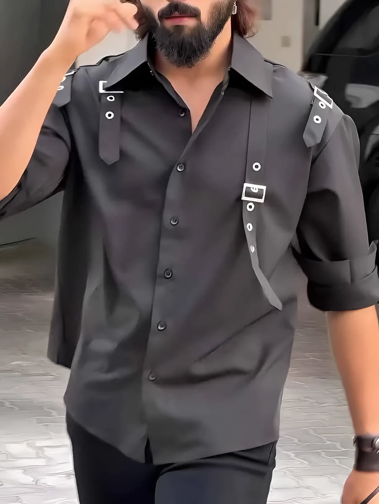Men's black polyester utility-style button-up shirt with long sleeves on a mannequin.