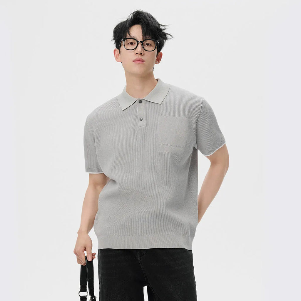 Men's summer business casual sweater with contrast lapels, short sleeves, solid colour, polyester blend, available in black.