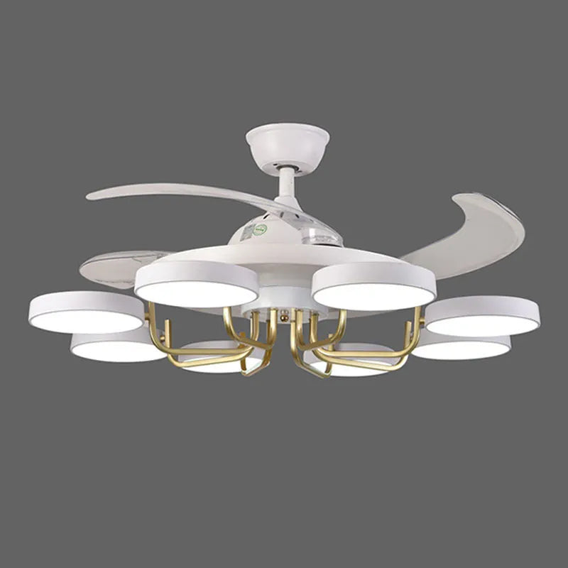 Modern 42 inch 8-head LED ceiling fan lamp with remote control in a living room setting