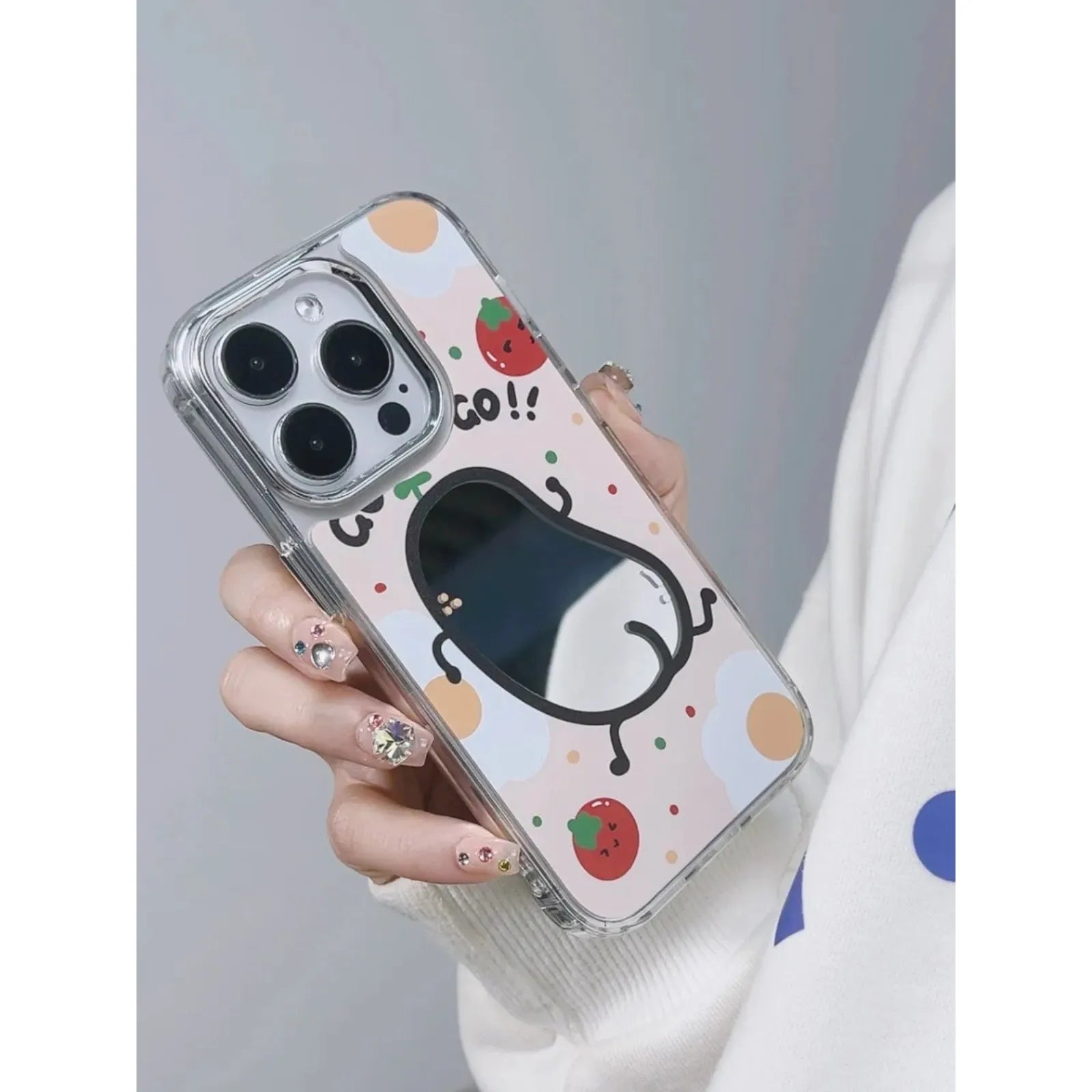 Fun potato chip cartoon villain mirror phone case for Apple iPhone with drop-resistant PC shell.