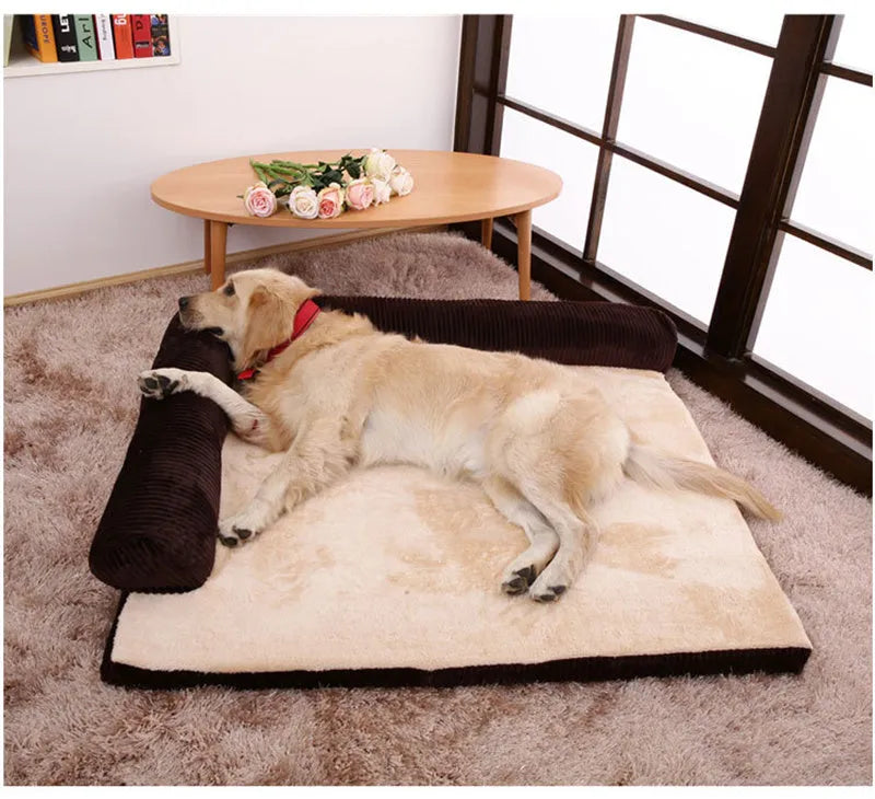 Corduroy dog sofa bed with bolster sides in grey colour on wooden floor