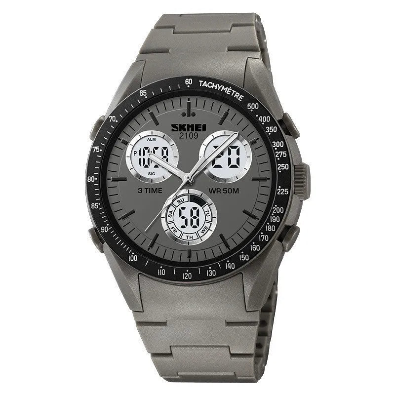 Men's and women's electronic casual watch with a black TPU strap and camouflage-pattern dial on a wrist.
