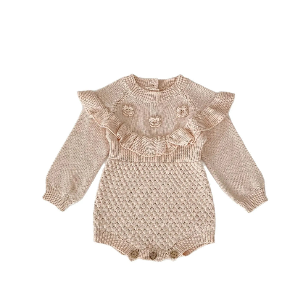 Baby hand crocheted flower pineapple plaid knitted wool long sleeve jumpsuit in stone powder colour