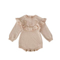 Baby hand crocheted flower pineapple plaid knitted wool long sleeve jumpsuit in stone powder colour