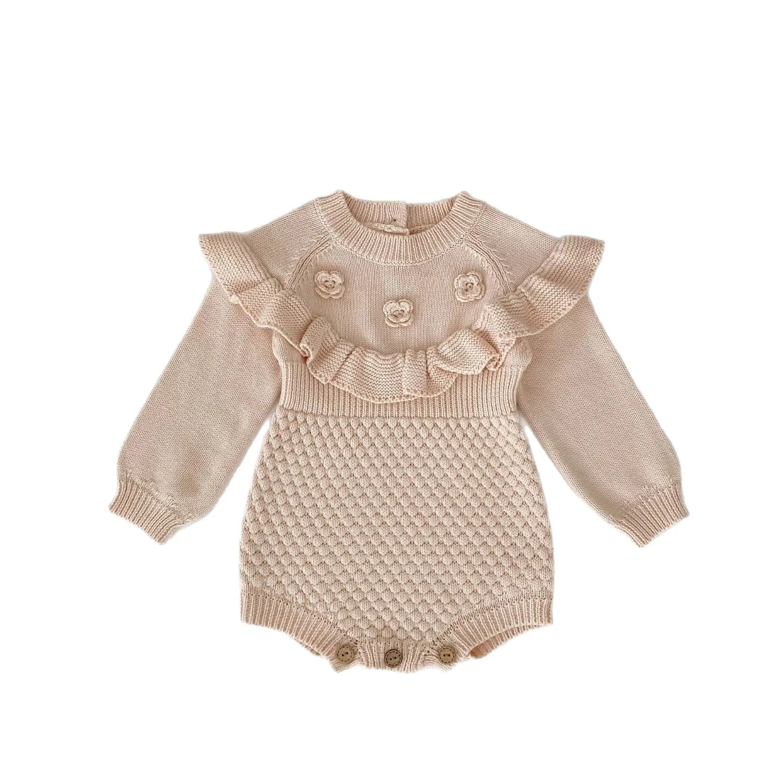 Baby hand crocheted flower pineapple plaid knitted wool long sleeve jumpsuit in stone powder colour