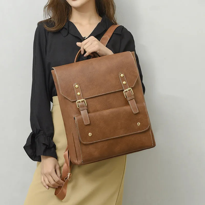Korean retro style simple backpack in soft PU material shown in brown colour.