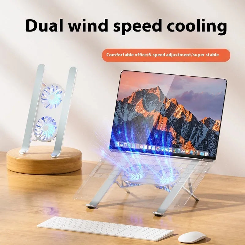 Silver aluminium laptop stand with twin blue LED cooling fans in a folded position next to its cloth carry bag.