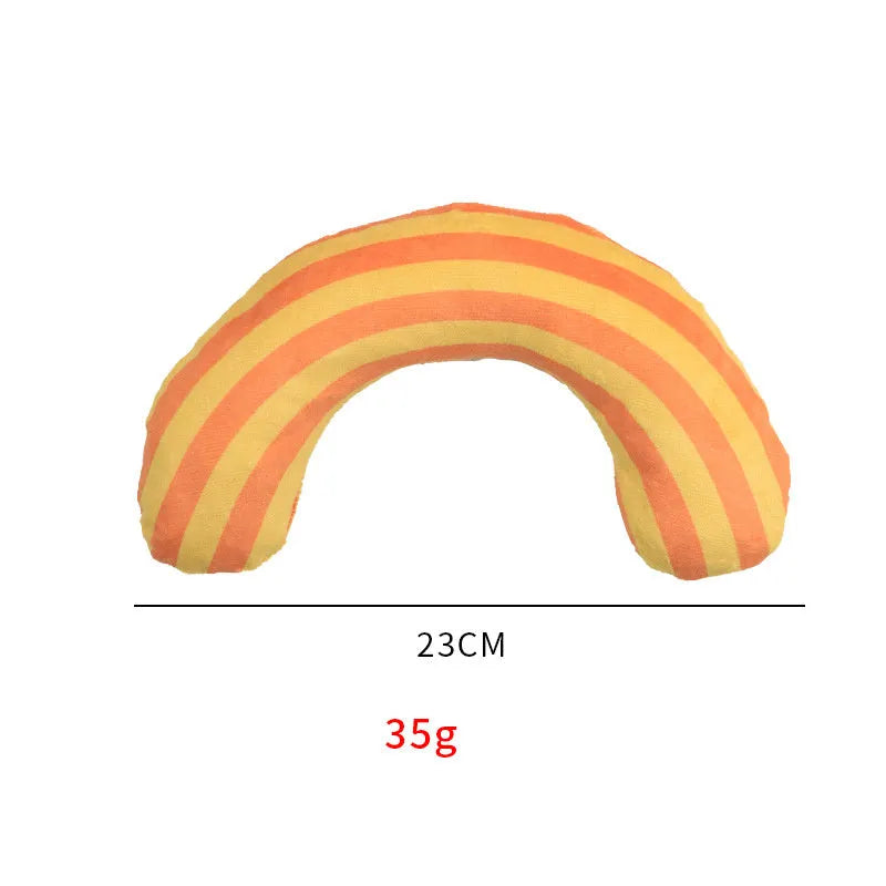 Green, rainbow, and yellow striped plush cat pillow with attached noise toy, measuring 23cm by 20cm.