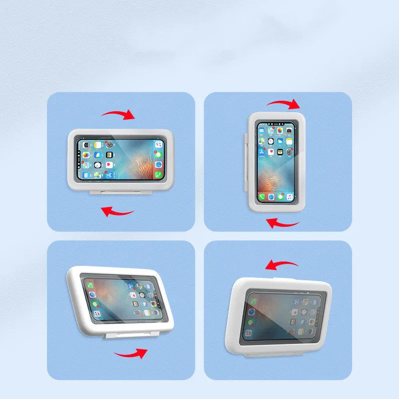 White waterproof phone holder mounted on bathroom tile showing phone inside with clear anti-fog window