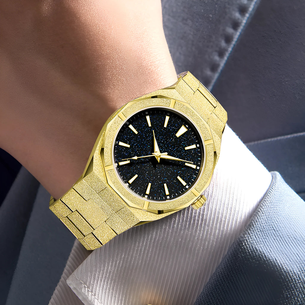 Men's stainless steel business watch with luminous markers on a frosted bracelet, shown in black, gold, and silver colour options.