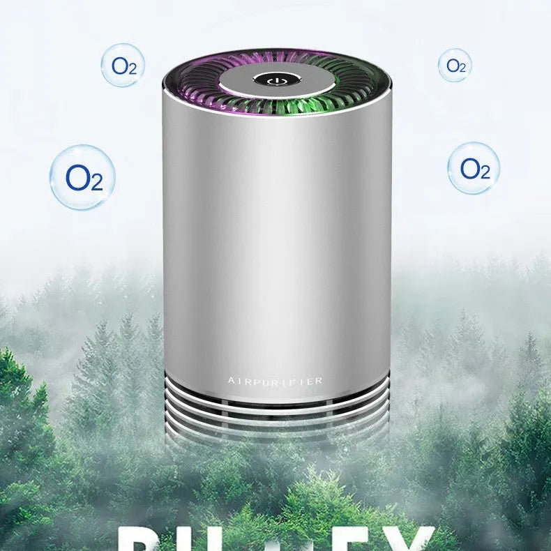 Wireless car air purifier in black, metallic grey, or silver colours, showing compact size for dashboard use.