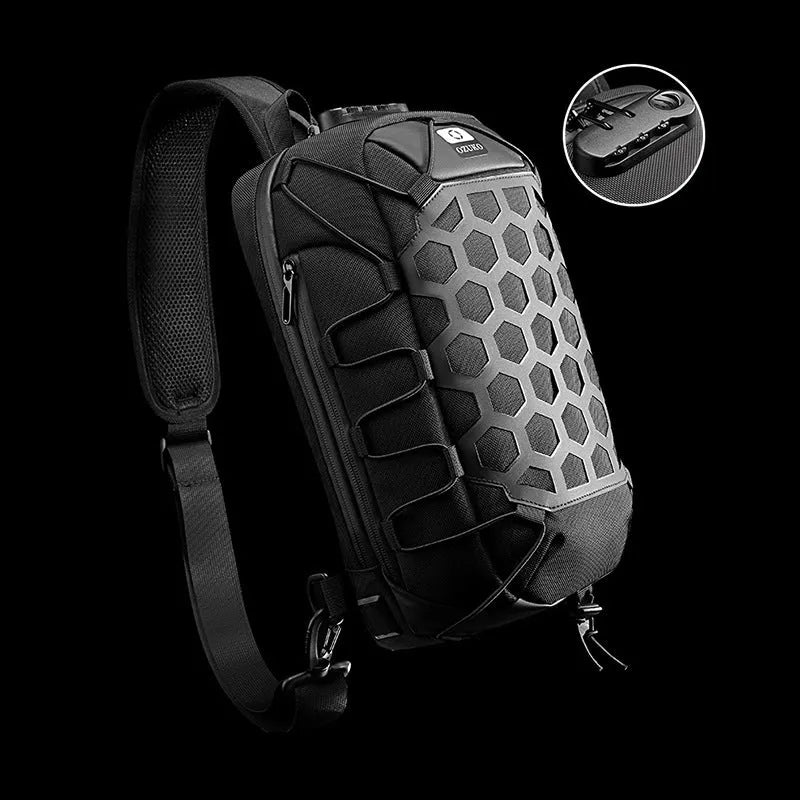 Black Oxford cloth sports chest bag, medium 17x20x35.5cm messenger waist pack with zipper and multi-pocket interior