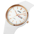 Women's silicone strap quartz watch with 42mm dial showing six colour options: white, purple, black, pink, dark blue, and light blue