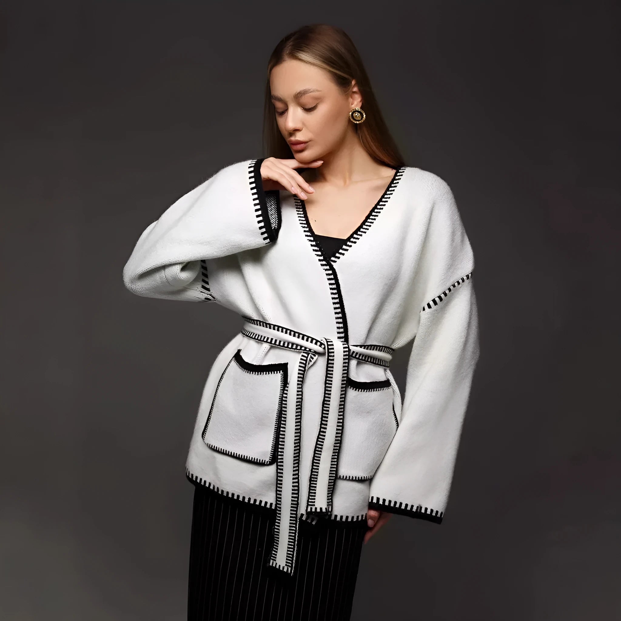 Loose fit knitted cardigan sweater coat in camel colour with long sleeves
