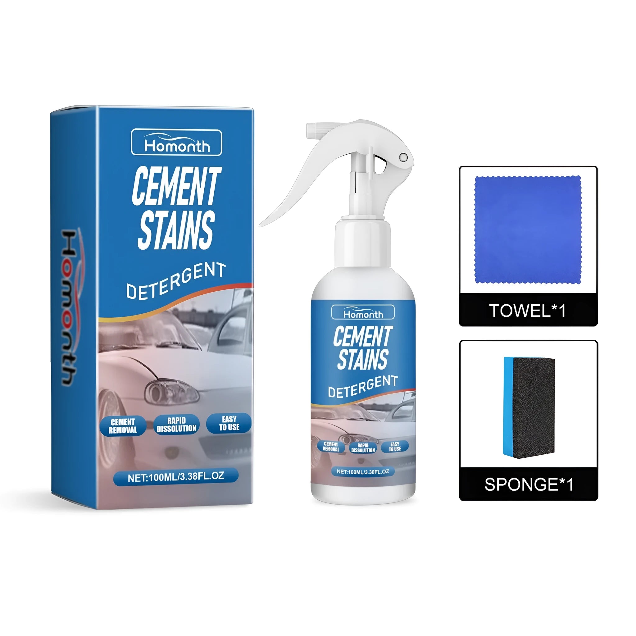 Cement stain detergent spray bottle with sponge and cloth on a work surface