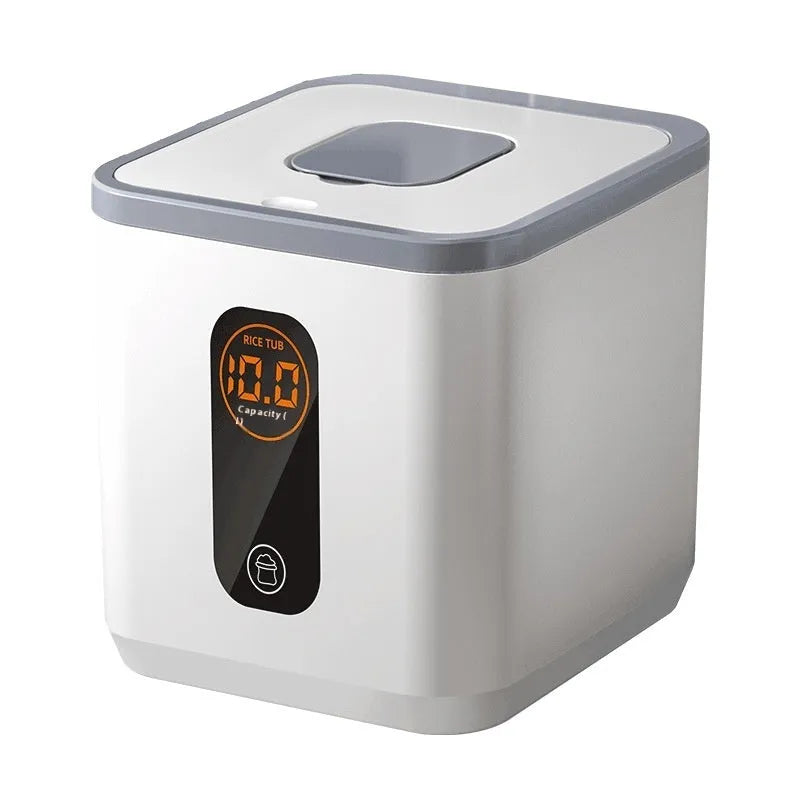Grey plastic airtight rice storage jar with lid and measuring cup for 10kg, 20kg, or 30kg capacity.