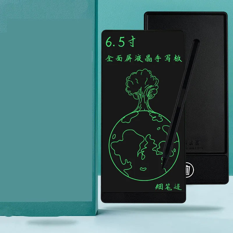 Blue LCD handwriting board showing handwritten numbers, with stylus, dimensions 155x77mm