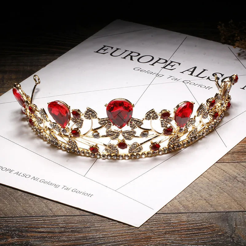 18K gold electroplated metal crown with rhinestone crystals on white background, six colour options for wedding hair accessory