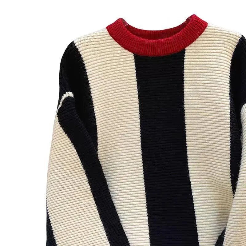 Women's striped cashmere sweater with contrast colour detailing and round neck