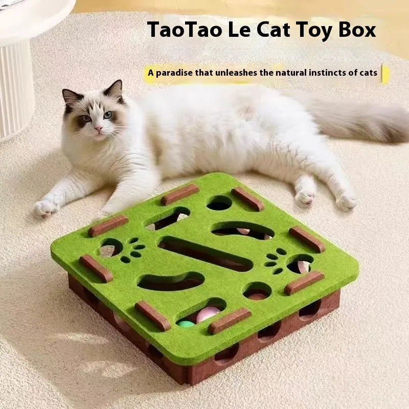 Felt cat toy with interactive hole measuring 30cm in green brown, camel white, and grey colour options