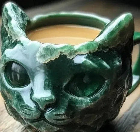 Purple geode texture resin mug with cat-shaped cup on wooden table.