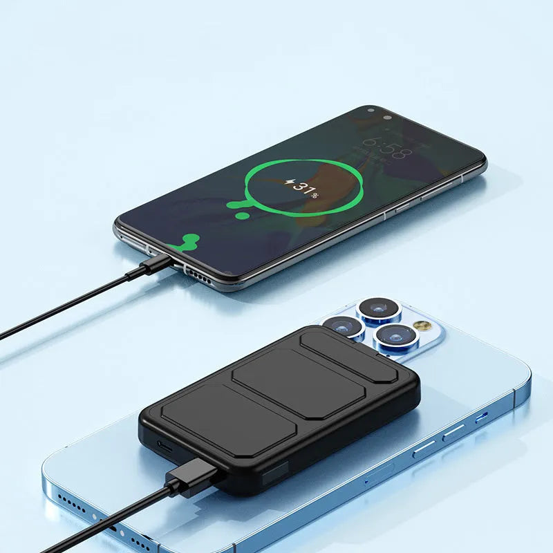 Magnetic wireless charging power bank with folding stand unfolded, shown in navy blue colour.