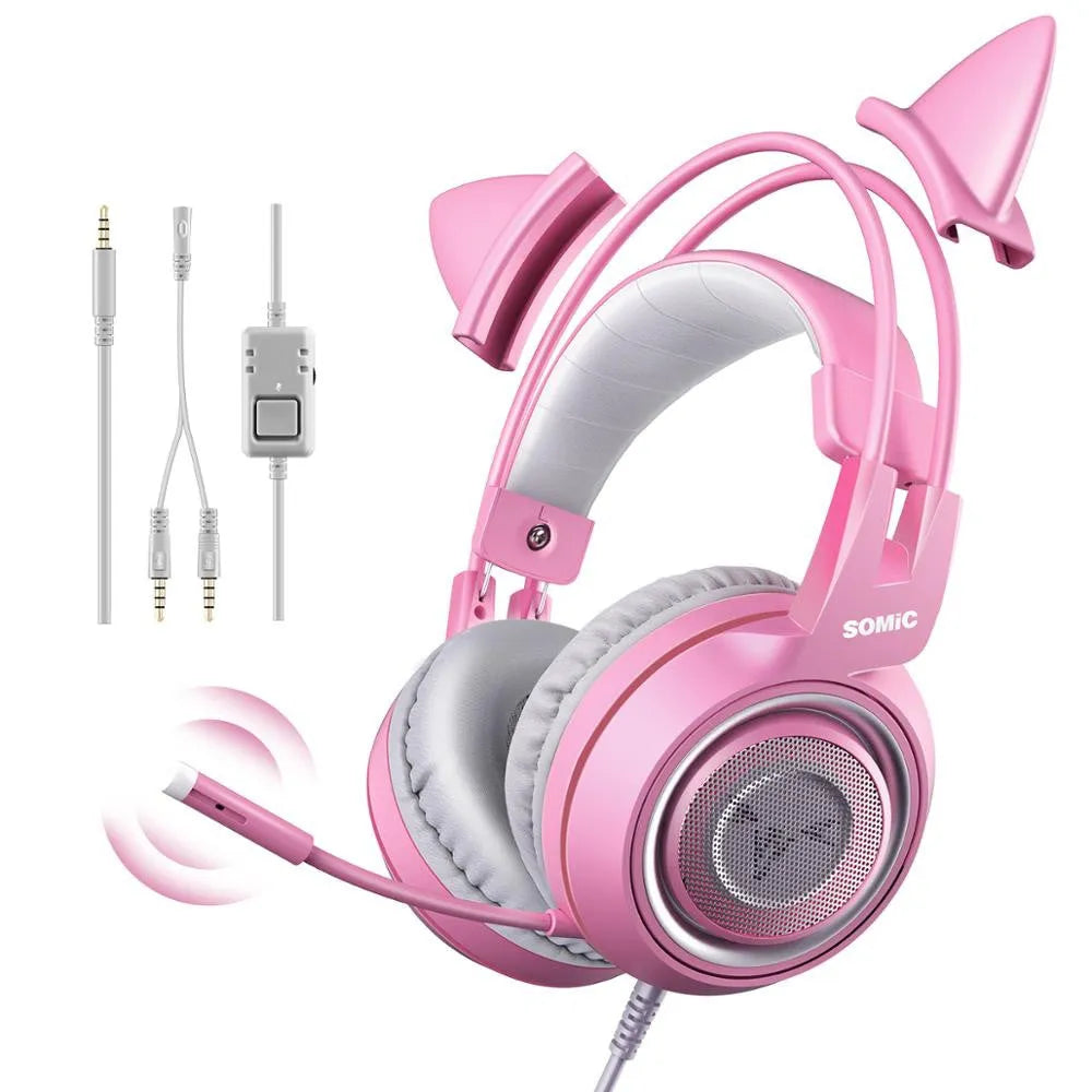 G951s pink cat ear gaming headset with 3.5mm plug, built-in mic, and adjustable headband