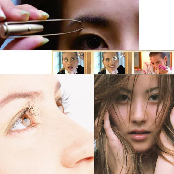 Stainless steel LED lighted tweezer with push-button switch for eyebrow grooming, measuring 83mm in length