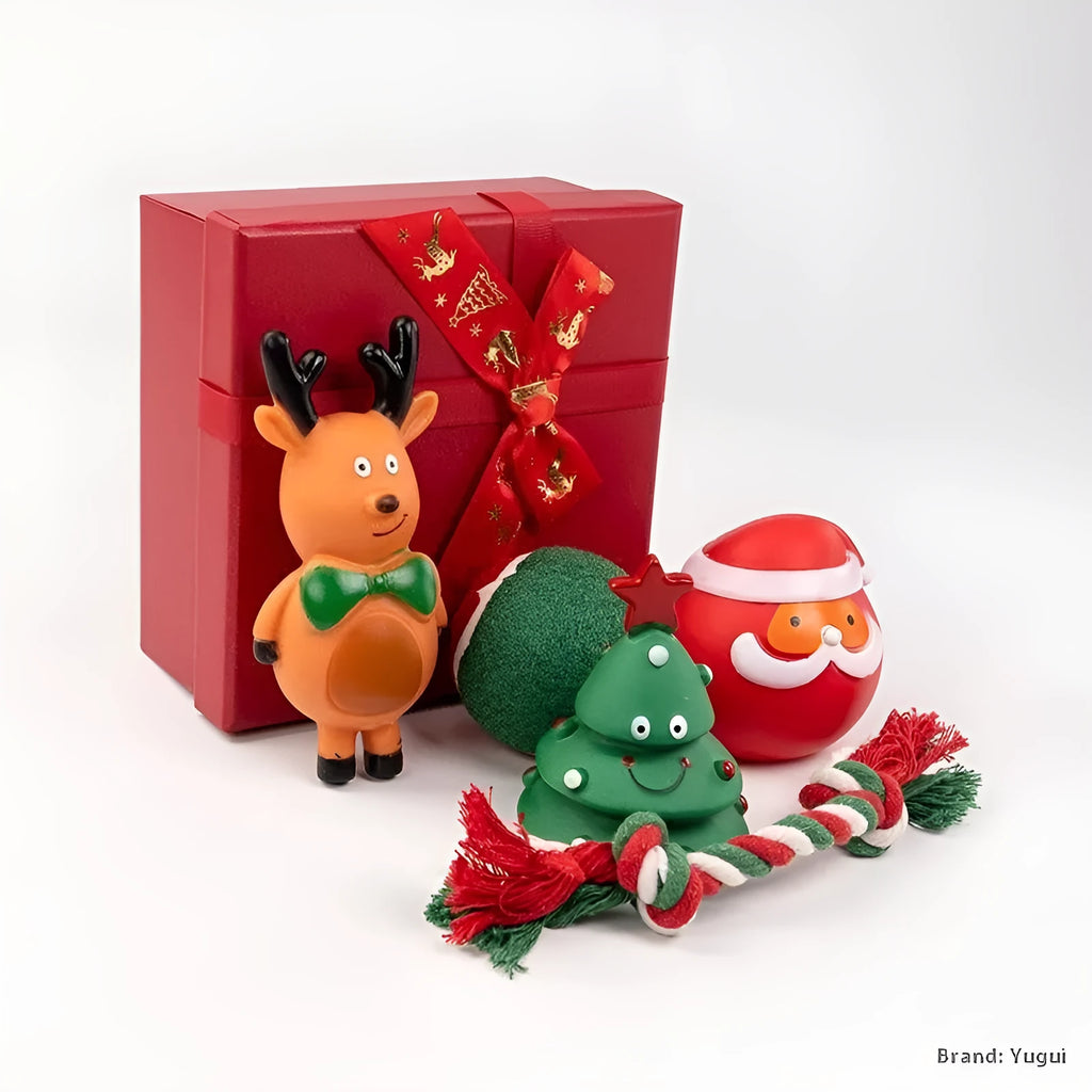 Christmas dog toy set showing vinyl bite-resistant toys in festive shapes including trees, balls, and reindeer