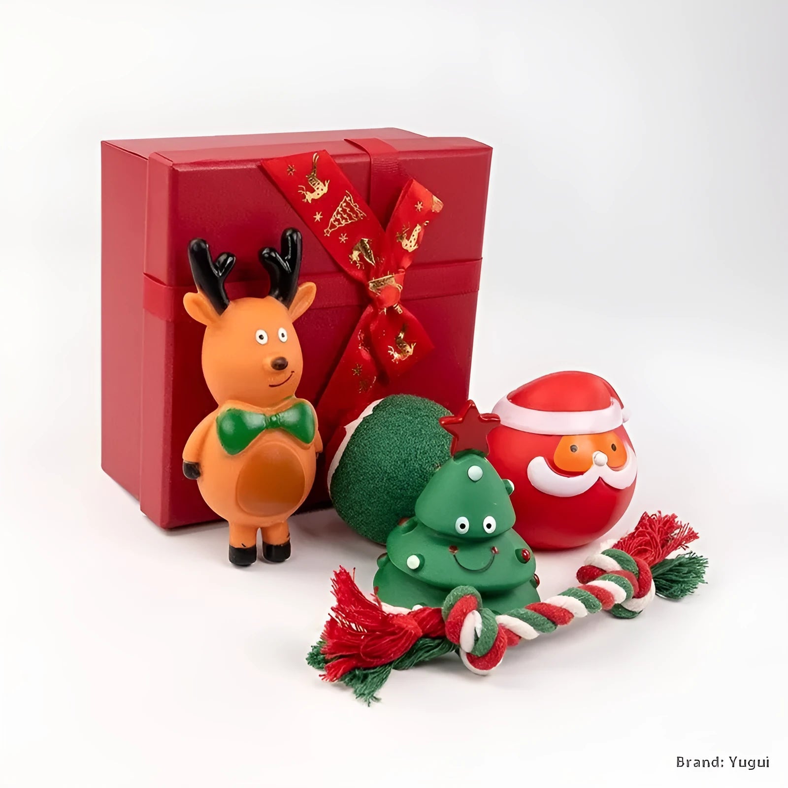 Christmas dog toy set showing vinyl bite-resistant toys in festive shapes including trees, balls, and reindeer