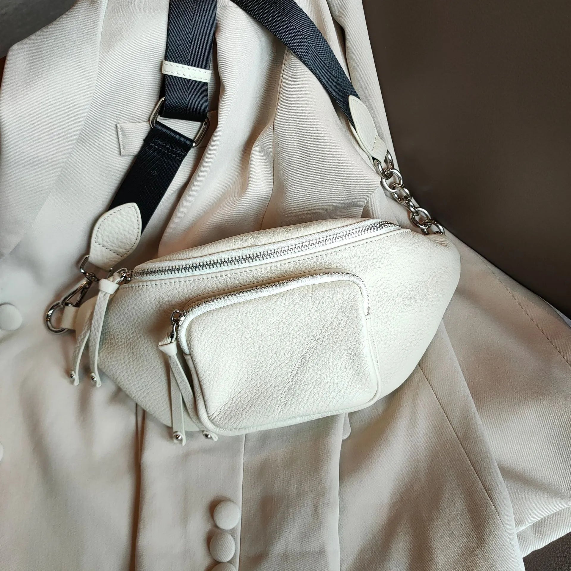 Genuine leather dumpling chest bag crossbody style black blue white colour options