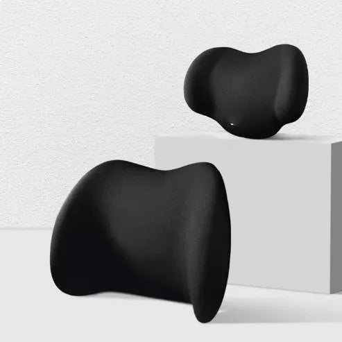 Black memory cotton car headrest and waist support cushion set on a car seat.