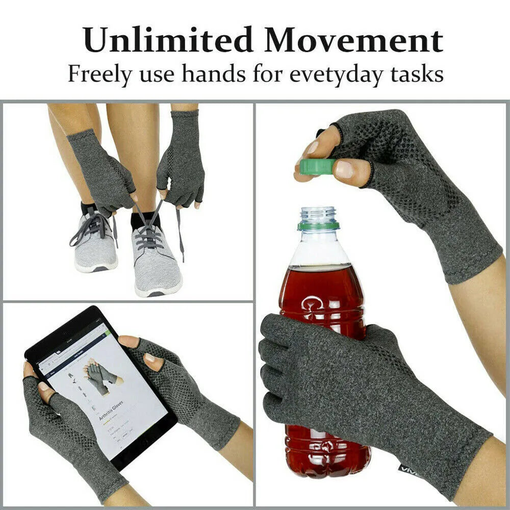 Grey half finger compression gloves with an anti-slip texture, shown laid flat.
