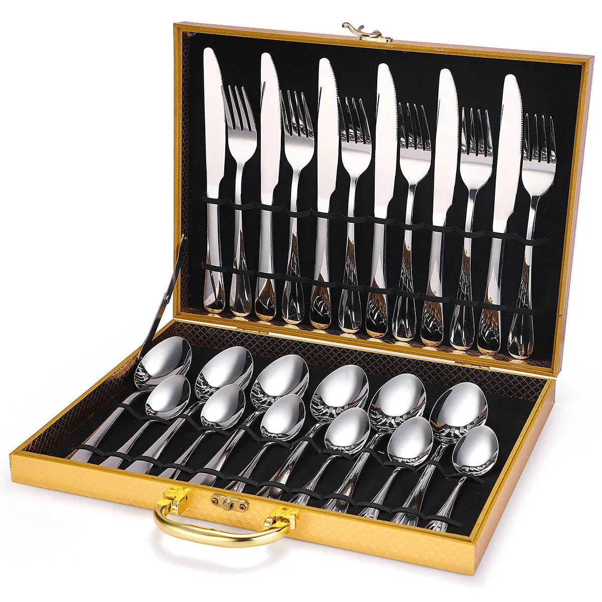 24 piece 18/10 stainless steel cutlery set in Silver style with wood storage box