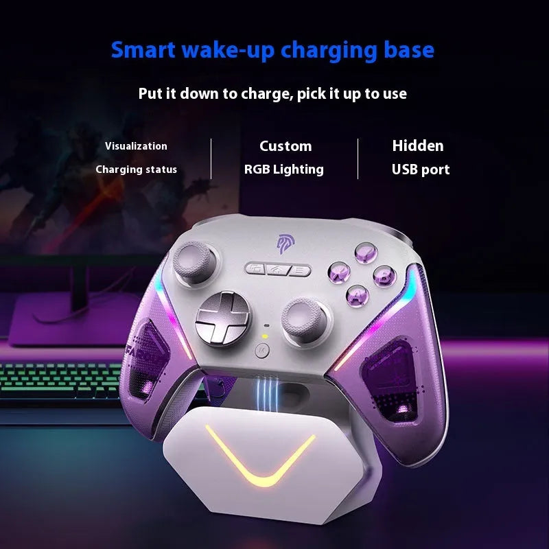 Rocker Smart Startstop Charging Base for a game controller in black, showing USB Type-C port and double-cut trigger design.