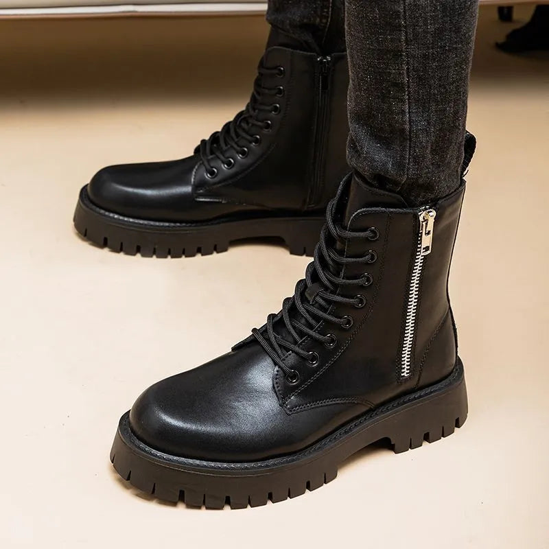 Men's Martin high-top PU leather boots with buckle closure in black on a white background showing side profile