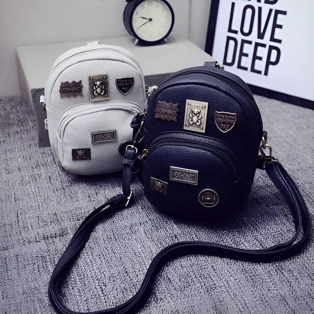 Women's mini shoulder bag vertical square PU grey crossbody with Korean fashion badge