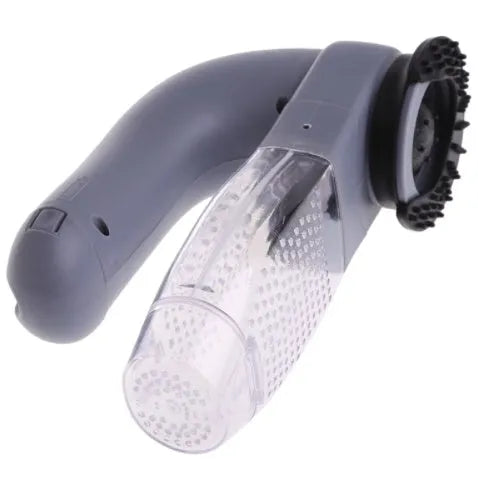 Grey handheld electric pet hair remover vacuum brush with soft rubber head.