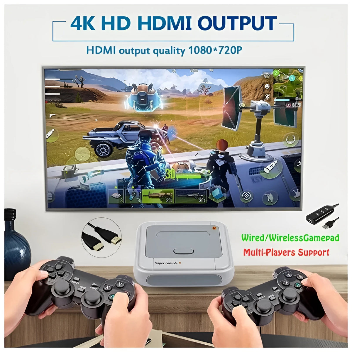 Portable HD wireless game emulator arcade host with two 2.4G handles and 4K HDMI output