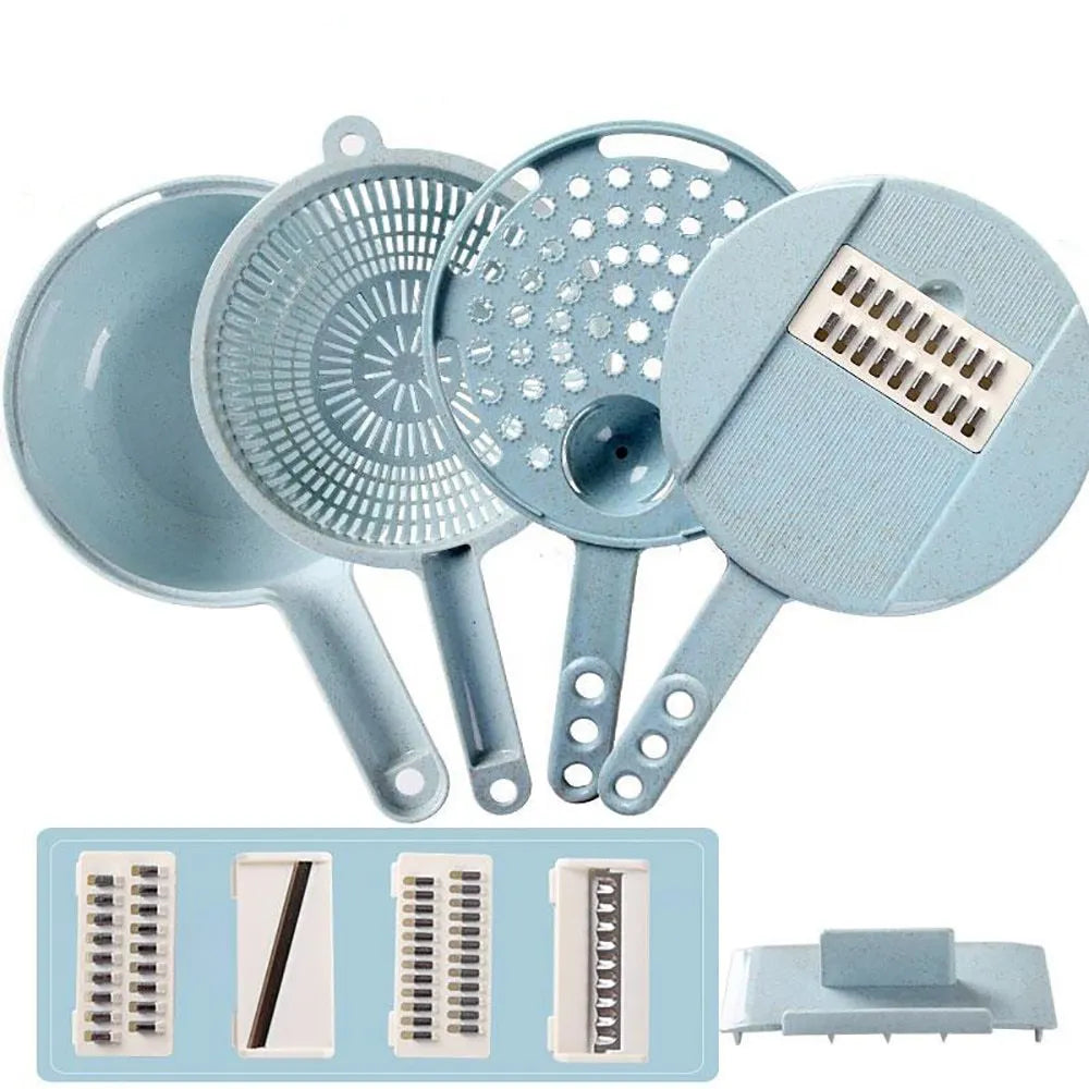 8 in 1 mandoline slicer set with stainless steel blades, drain basket, container and hand protector, 29.5 cm x 12.0 cm x 9.5 cm