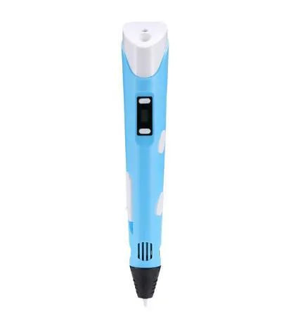 Yellow 3D printing pen with PLA filament spool on a white surface, showing nozzle and controls