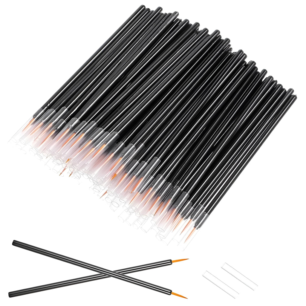 Pack of 100 black disposable eyeliner brushes with fine pointed tips and individual plastic sleeves.