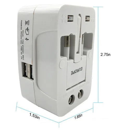 Universal travel adapter plug with multiple sockets on a white background.