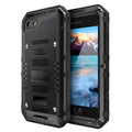 Waterproof diving protection case for iPhone 7 8 7 Plus 8 Plus in black with metal, silicone, and tempered glass construction