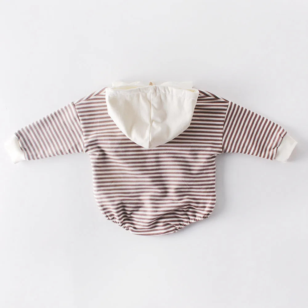 Baby striped hooded one-piece climbing suit in black stripe, 100% cotton, sizes 66-90cm