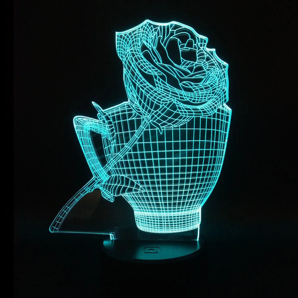 3D rose design LED night light with acrylic panel and ABS base showing multiple colour options.