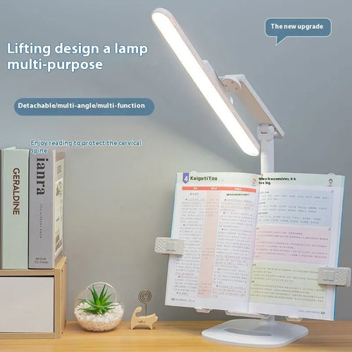 Adjustable desk lamp with reading light showing three temperature settings and dual power options