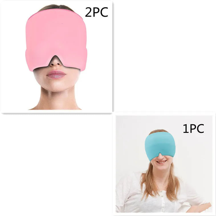 Black elastic ice gel headache relief eye mask shown on a mannequin head, adjustable for 42-66cm circumference.